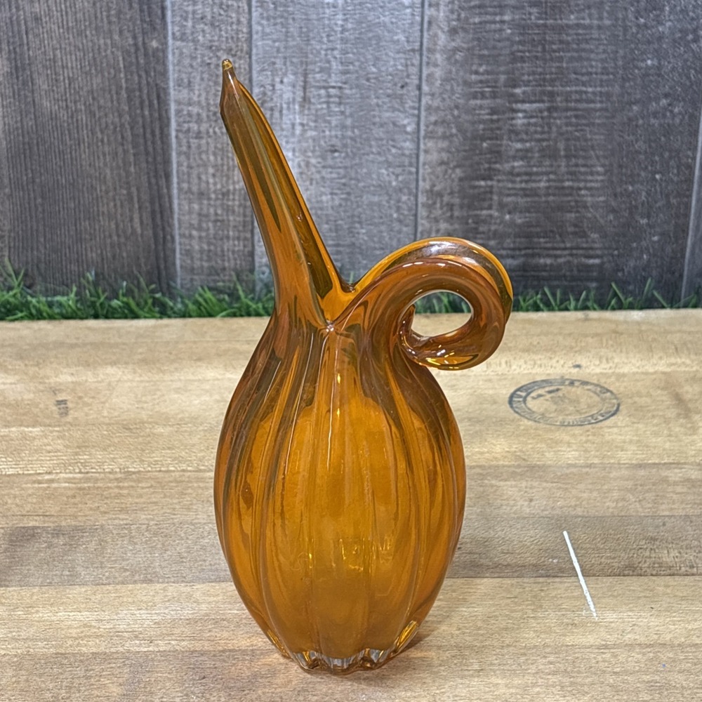 Vintage MCM Amber Tangerine Art Glass Pitcher Vase Ribbed Loop Handle Italian